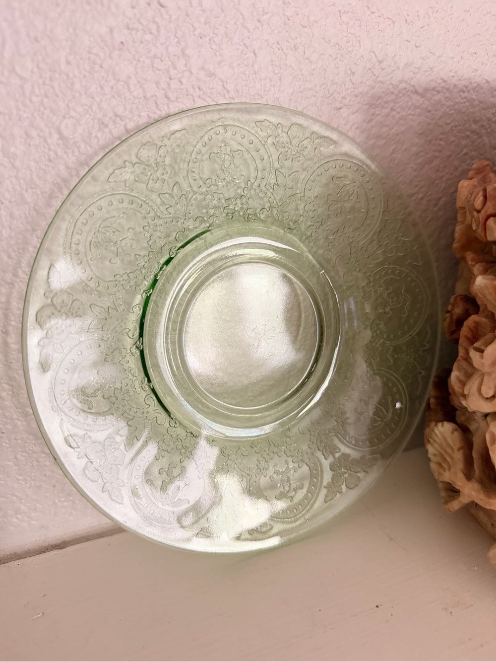 VTG Green Depression Uranium Glass Floral Scroll Plate